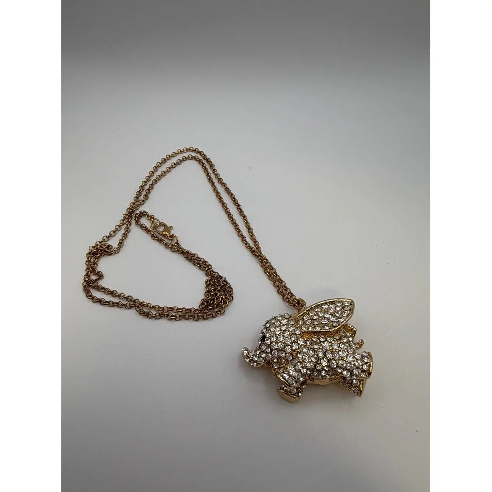 Sparkling Elephant Pendant Necklace Gold Tone Rhinestone Charm Statement Jewelry